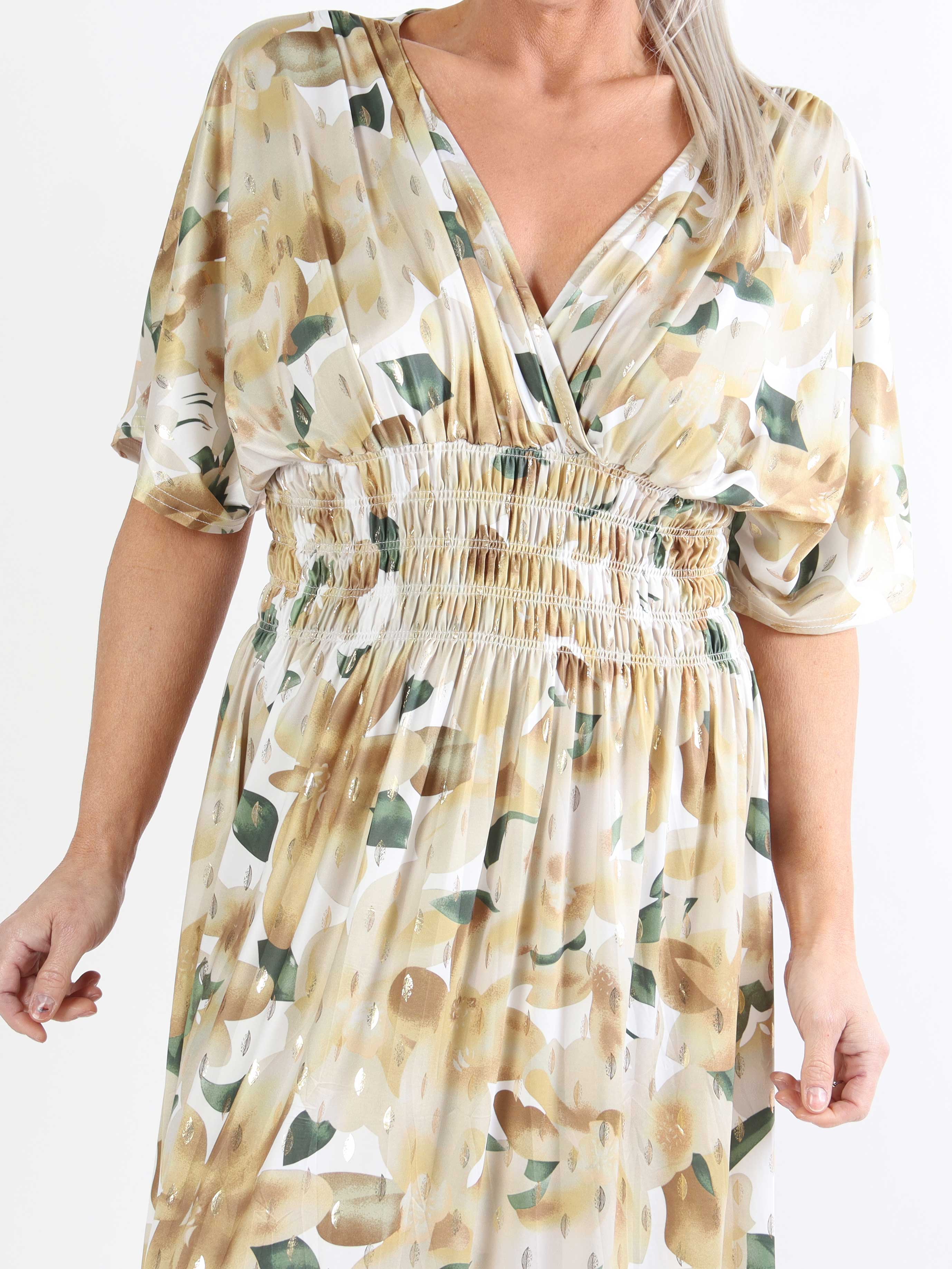 Pams Sweet Flower Midi - Elastisk plus size-klänning i skrynkelfritt tyg